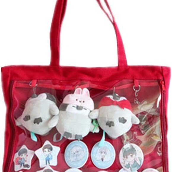 Red PVC Canvas Tote Bag Clear Window for Pins & DIY Customization Women - Picture 1 of 6